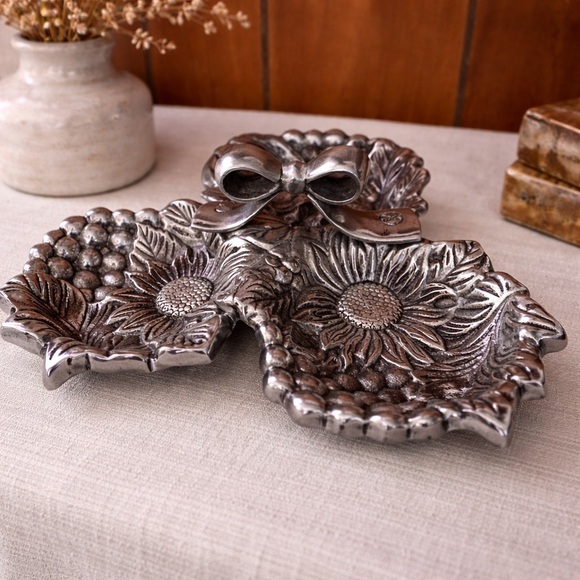 None Other - Decorative Silver Sunflower Triple Dish
